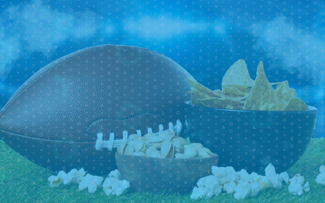 Image of Football with Super Bowl snacks.