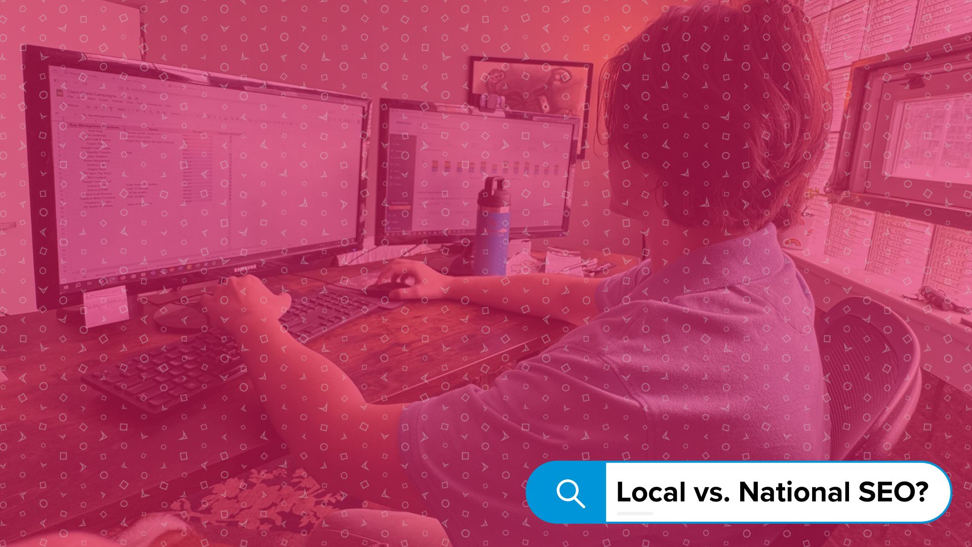 Image of RoShamBo Creative employee working with query "Local vs. National SEO?" overlaying.
