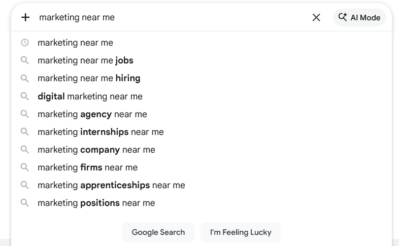 Image of Google Search query stating "Marketing Near Me"